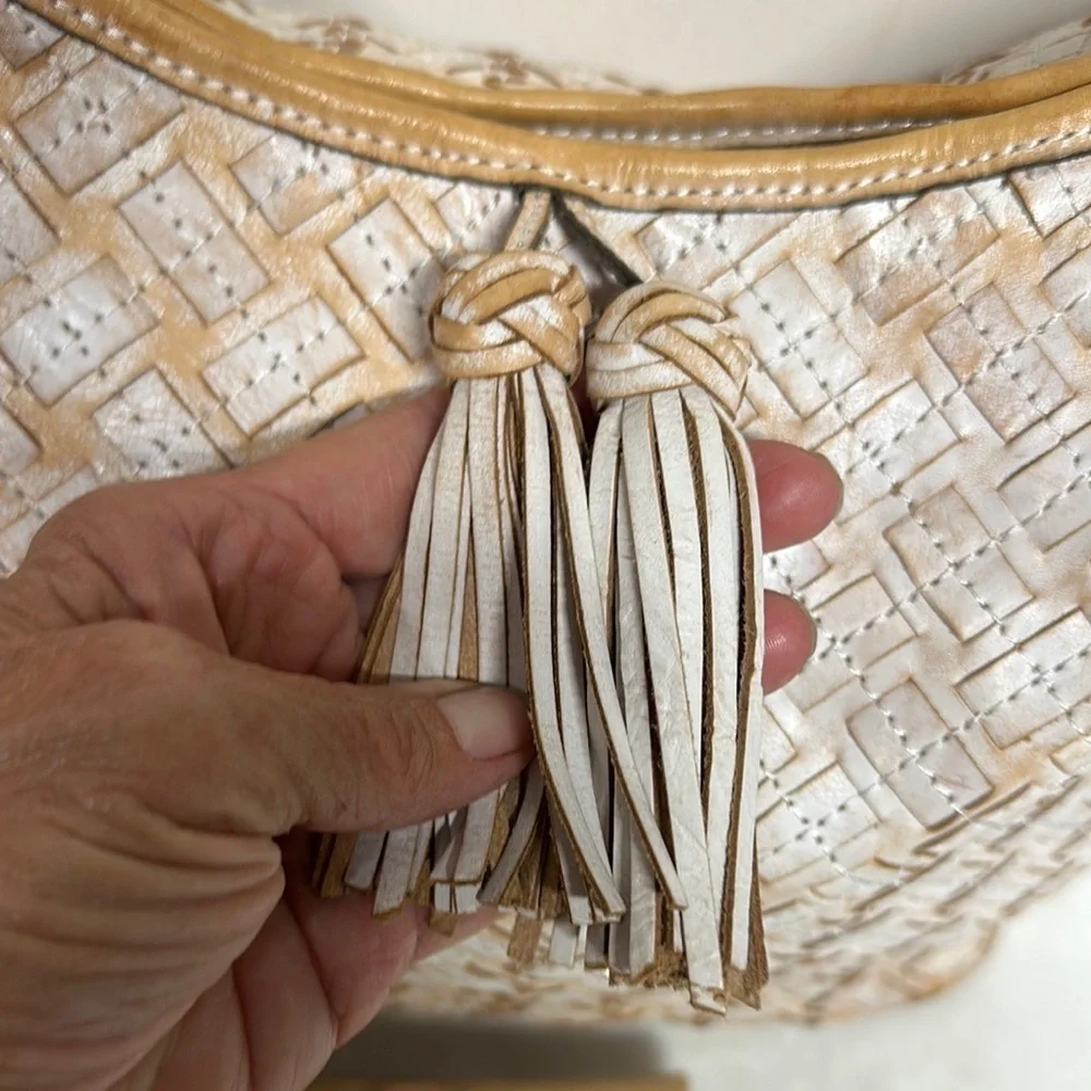 PATRICIA NASH White & Brown BRAIDED STITCH Leather MARCELLINA Hobo Bag